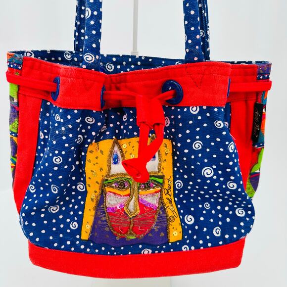 Laurel Burch Canvas Drawstring Tote Bag Purse Red Blue Cats Beaded Vintage - Picture 1 of 9